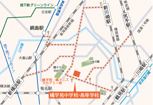 最寄り駅から橘学苑への地図