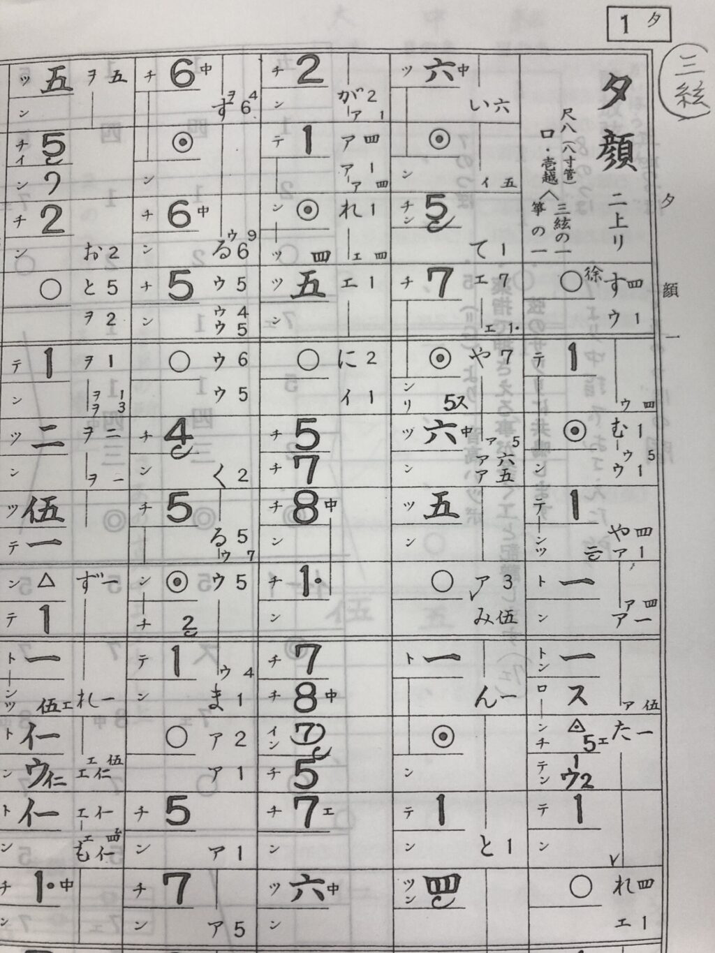 三味線の楽譜です。（五線譜と違い、縦譜といいます）