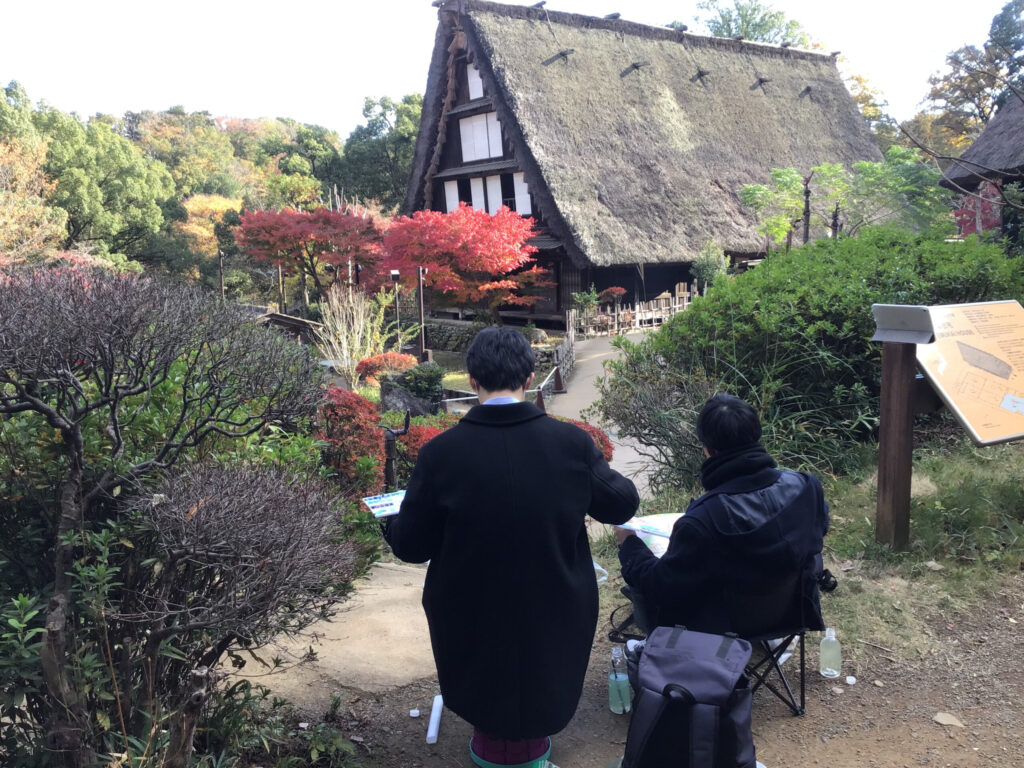 日本民家園で水彩でスケッチ